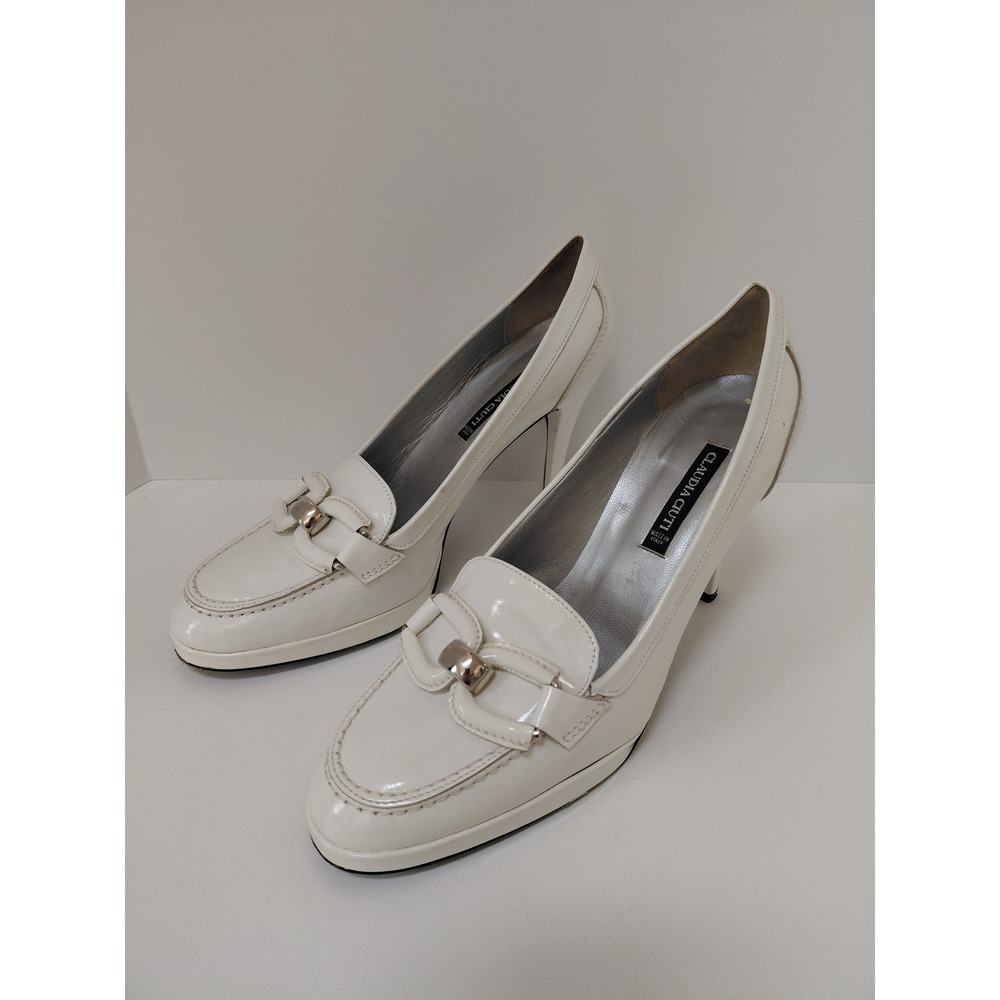 Claudia Ciuti White Patent Leather Loafer Pumps Silver Buckle Made in Italy 8.5M